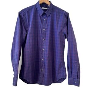 7 For All Mankind Blue Plaid Men's Dress Shirt Medium Cotton Plain Front